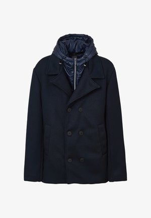 Manteau bleu marine avec un design à double boutonnage, en tissu texturé et une capuche brillante amovible. Présente de grands boutons et des poches latérales.