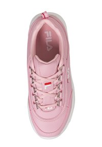 Pink sneaker featuring a textured synthetic upper, silver metal eyelets, and prominent logo. White sole with a small red and white tab on the back.