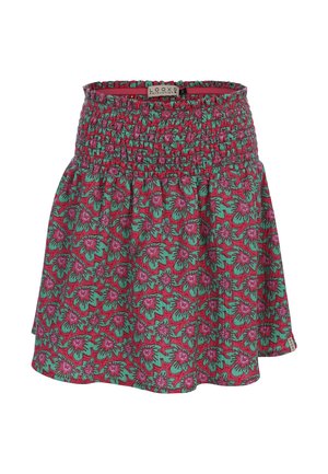 Rok met hoge taille en elastische smock tailleband, groen- en roodbloemig patroon, en een klein merkje aan de bovenrand en zoom.