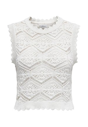 Bílý pletený crop top s texturovaným krajkovým vzorem, vlnitými okraji a žebrovaným výstřihem. Bez rukávů, vystihující složitý geometrický design.