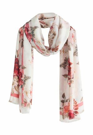 Floral scarf in light cream with red and pink flowers. Lightweight fabric, rectangular shape, fringed edges, and a delicate, translucent texture.