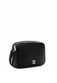 Sort rektangulær læder crossbody taske med gulddetaljer, justerbar strop og guld "TL" logo på frontpanelet.