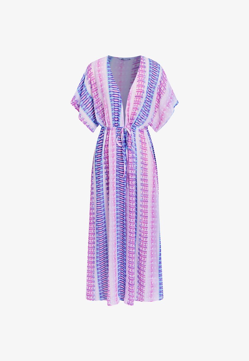 Leichter, knöchellanger Kimono mit Bindegürtel. Verfügt über ein gestreiftes Muster in Rosa, Blau und Lavendel mit weiten Ärmeln.