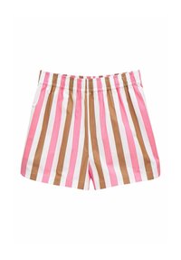 Spodenki w paski o naprzemiennych kolorach różowym, białym i brązowym, z elastycznym pasem i luźnym krojem dla wygody.