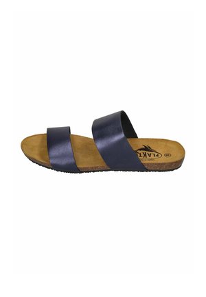 Navy blue leather slide sandal with two wide straps and a cork footbed. Features a textured sole for grip, flat design, and minimalistic style.