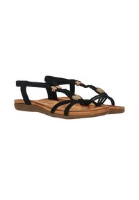 Sandales noires avec des brides tressées, une sangle de cheville ajustable et une semelle intérieure en tan rembourrée. Présente des accents décoratifs en ton doré.