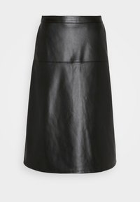 Jupe trapèze en faux cuir noir avec taille haute et détail de couture horizontale au-dessus de la cuisse.