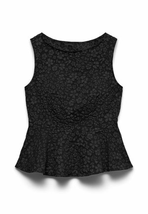 Svart ermeløs peplum-topp med subtilt preget blomster mønster og rund hals, lagt flatt på hvit bakgrunn.