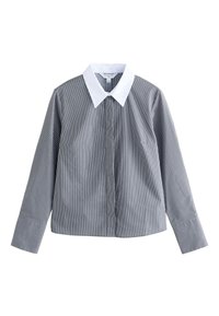 Striped long-sleeve shirt with a crisp white collar and cuff accents. Features a lightly textured fabric and a boxy silhouette.