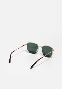 Ochelari de soare hexagonali cu lentile verde închis, ramă din metal aurit și brațe cu model țestoasă. Dispun de suporturi pentru nas ajustabile.