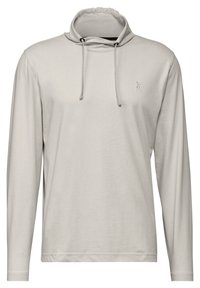 Sudadera de manga larga gris claro con cuello alto y cordón ajustable. Presenta un logo minimalista en el lado izquierdo del pecho. Textura de tela suave.