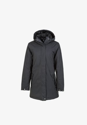 Manteau d'hiver long noir avec capuche, fermeture éclair frontale, boutons-pression et poches latérales et poitrine zippées sur fond blanc.