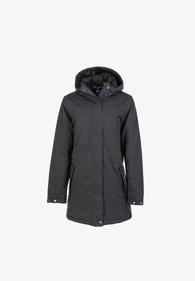 Manteau d'hiver long noir avec capuche, fermeture éclair frontale, boutons-pression et poches latérales et poitrine zippées sur fond blanc.