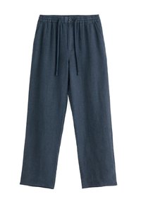 Dark blue linen pants with a relaxed fit, featuring an elastic waistband, drawstring, and side pockets. Smooth texture and wide legs.