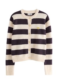 Strikket cardigan i creme og mørk lilla. Blød tekstur med rund halsudskæring, knaplukning og en lille hjerte-applikation broderet på brystet.