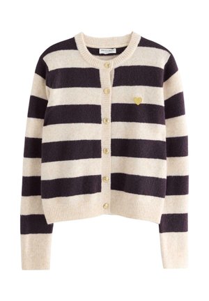 Cardigan rigato in crema e viola scuro. Texture morbida con scollatura rotonda, chiusura a bottoni e un piccolo cuore ricamato sul petto.