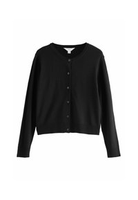 Mustapaita pehmeästä neulotusta materiaalista, jossa on pyöreä kaula-aukko, pitkät hihat ja kuusi nappia edessä. Cropped-malli ribbatulla helmalla.