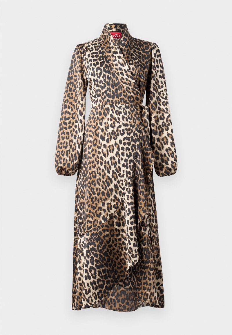 Robe portefeuille en imprimé léopard en satin. Manches longues, décolleté en V, et ceinture à nouer. Silhouette fluide avec un design à ourlet superposé.