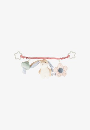 Hanging baby toy with plush rabbit, green mushroom, and flower mirror. Features a pink strap and a star-shaped teether, soft fabric, pastel colors.