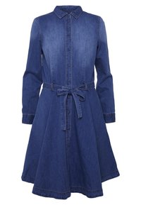 Denim jurk met lange mouwen, kraag en knopenvoorzijde. Heeft een ceintuur in de taille, een uitlopende rok en contrasterende stiksels. Kleur is medium blauw.