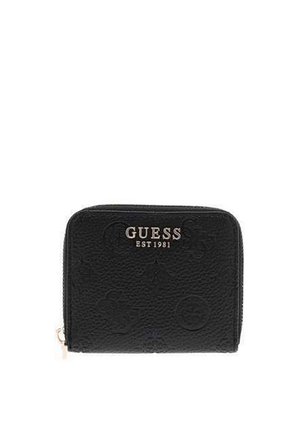 Portefeuille noir à fermeture éclair de la marque Guess, avec surface texturée à motif et logo en texte argenté "GUESS EST 1981" au centre avant.