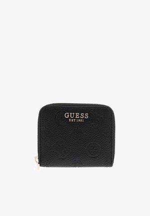 Sort Guess pung med lynlås, tekstureret mønstret overflade og sølvfarvet logo med teksten "GUESS EST 1981" midt på forsiden.