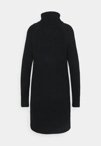 Abito maglione lungo nero a maniche lunghe con un alto colletto a coste e un pannello frontale testurizzato.