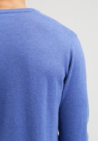 Weicher blauer Pullover aus Strickstoff, mit Rundhalsausschnitt, langen Ärmeln und einer strukturierten Rückseite mit nahtlosem Schulterdesign.