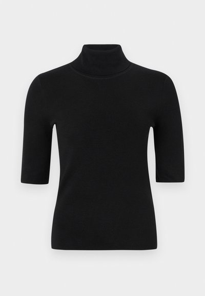 Svart polokrage topp i stickad kvalitet, med korta ärmar och en figurnära design. Slät yta med en minimalistisk estetik.