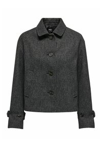 Šedá tvídová bunda s límcem, čtyřmi knoflíky a dvěma bočními kapsami. Zkrácený design s knoflíkovými manžetami pro nastavitelné nošení.