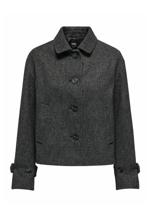 Grau Karotjacke mit Kragen, vier Knöpfen und zwei seitlichen Taschen. Kurz geschnitten mit knöpfbaren Manschetten für eine verstellbare Passform.