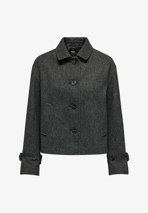 Grau Karotjacke mit Kragen, vier Knöpfen und zwei seitlichen Taschen. Kurz geschnitten mit knöpfbaren Manschetten für eine verstellbare Passform.