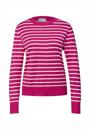 Stickad tröja i fuchsia och vitt med randigt mönster, rund halsringning, ribbade muddar och fåll, i ett texturerat, mjukt material.