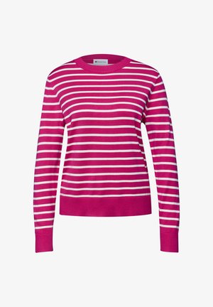 Fuchsia og hvid stribet striktrøje med rund hals, ribstrikkede ærmeafslutninger og kant, lavet af en struktureret, blød material.