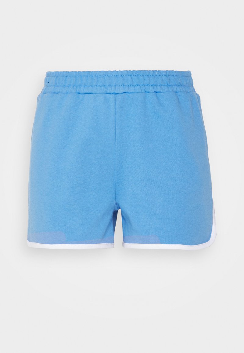 Calções de algodão azuis com cintura elástica, com acabamento branco na bainha e fendas laterais para maior conforto e mobilidade.