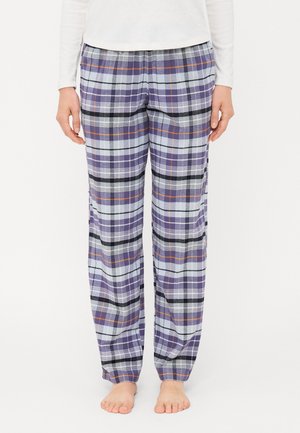 Rutig pyjamasbyxor i lila, ljusblå och svart. Lös passform med resårmidja och sidofickor. Mjuk tygtextur.