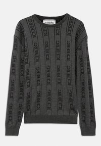 Szary sweter z dzianiny z pionowymi prążkami i logo "ICEBERG", okrągłym dekoltem oraz prążkowanymi mankietami i dolną krawędzią. Wykonany z miękkiego materiału o teksturowanym wykończeniu.