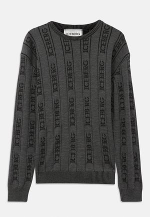 Grauer gestrickter Pullover mit vertikaler "ICEBERG"-Logo-Rippung, Rundhalsausschnitt sowie gerippten Bündchen und Saum. Hergestellt aus einem weichen Stoff mit strukturiertem Finish.