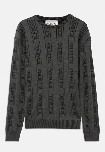 Pelēks adīts džemperis ar vertikālu "ICEBERG" logotipa ribojumu, apaļu kakla izgriezumu un ribotām piedurknēm un apakšmalu. Izgatavots no mīkstas auduma ar teksturētu apdari.