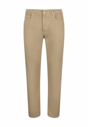 Bežīgas kokvilnas maisījuma džinses ar taisnu griezumu, piecām kabatām un pogu aizdari. Audums ir gluds.