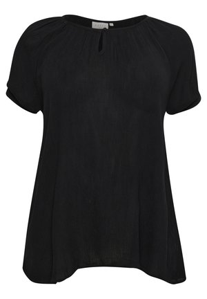 Svart blus med kort ärm och nyckelhålsutskärning. Tillverkad av lätt, texturerad tyg, med en avslappnad passform och rundad nederkant.