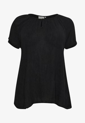 Blusa negra de manga corta con escote en forma de ojo de llave. Hecha de una tela ligera y texturizada, presenta un corte holgado y un dobladillo curvo.