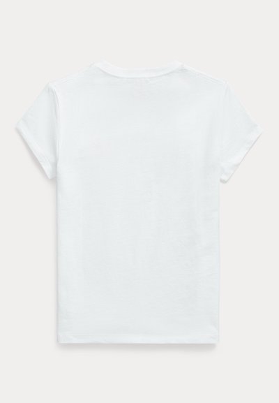 T-shirt blanc uni à manches courtes et col rond, vu de dos sur un fond clair.