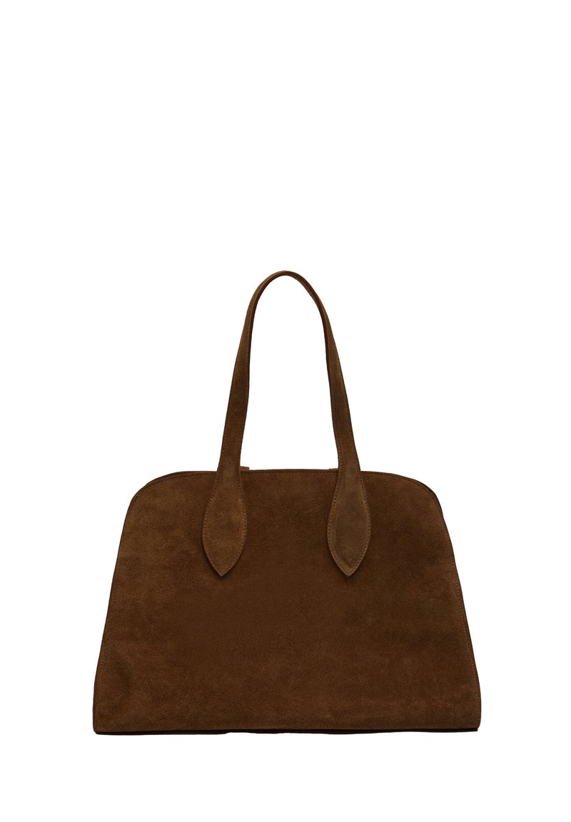 Brazowy zamszowy torebka typu tote z dwoma długimi uchwytami. Gładka tekstura, zaokrąglone rogi i głębokie, przestronne wnętrze. Brak widocznych elementów metalowych.