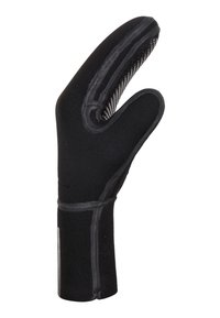 Black glove with a textured grip, featuring a thumb and three fingers. Made of neoprene, it has reinforced stitching and a snug fit.