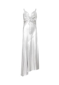 Abito in satin argento con scollatura profonda, dettaglio frontale a plissé, spalline regolabili e orlo asimmetrico. Tessuto liscio.