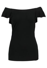 Černý top bez ramínek s krátkými rozšířenými rukávy a rovnými výstřihem, navržený pro dámskou volnočasovou módu.