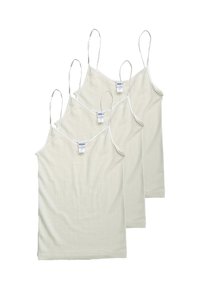 Tre canottiere beige realizzate in morbido tessuto, dotate di spalline sottili e scollatura rotonda, con dettagli di cucitura minimi.