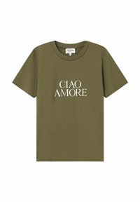 T-shirt en coton vert olive à manches courtes et col rond, avec "CIAO AMORE" imprimé en blanc au centre sur le devant.