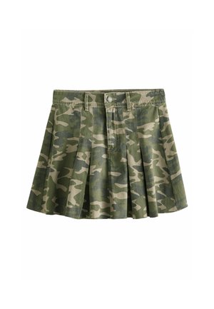 Vihreä camo-hame, joka on valmistettu denimistä. Siinä on etupainike, ja hameessa on levenevä muotoilu, jossa on vaihtelevaa vihreän ja beige-väriä.